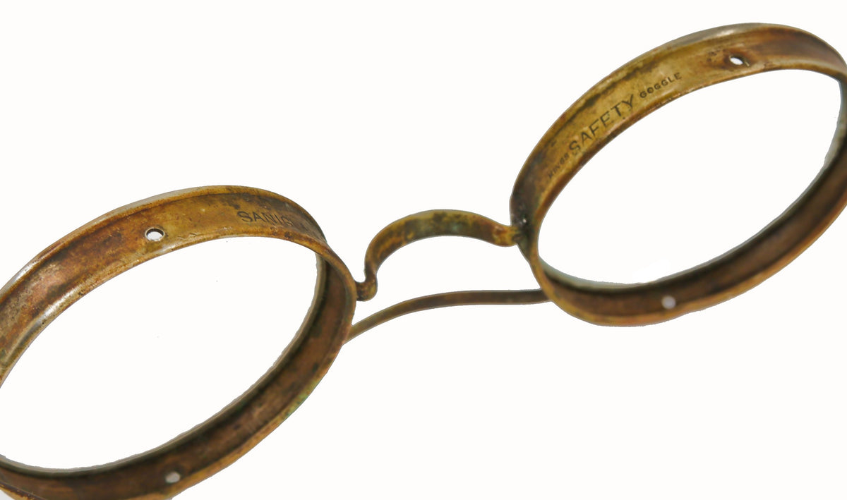 hard to find early 20th century american industrial yellow brass "saniglass" factory machinist king's safely glass or glasses with intact beveled edge thick glass lenses