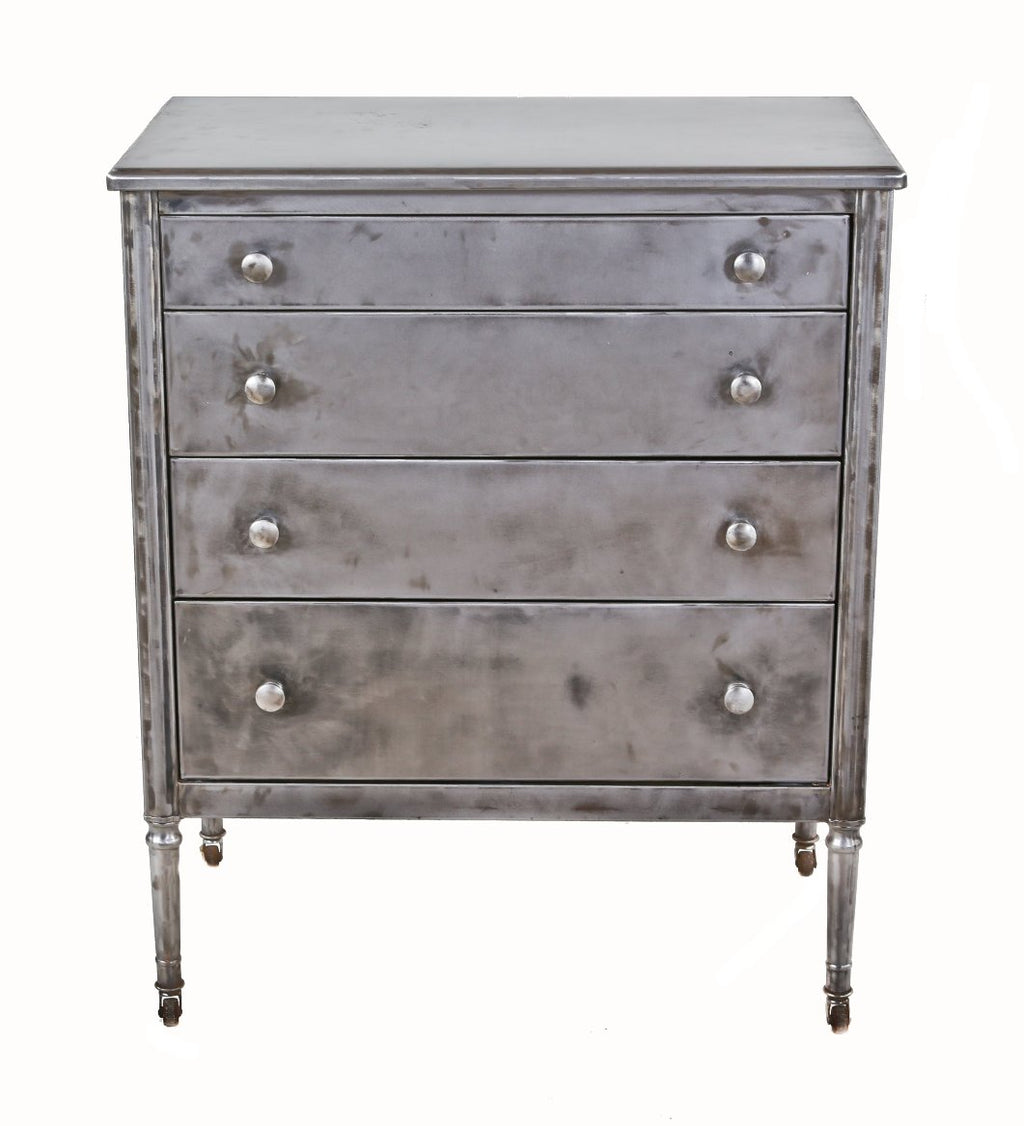 refinished late 1930's american depression-era cold-rolled pressed and folded steel compartmentalized mobile hospital "private room" dresser with original casters