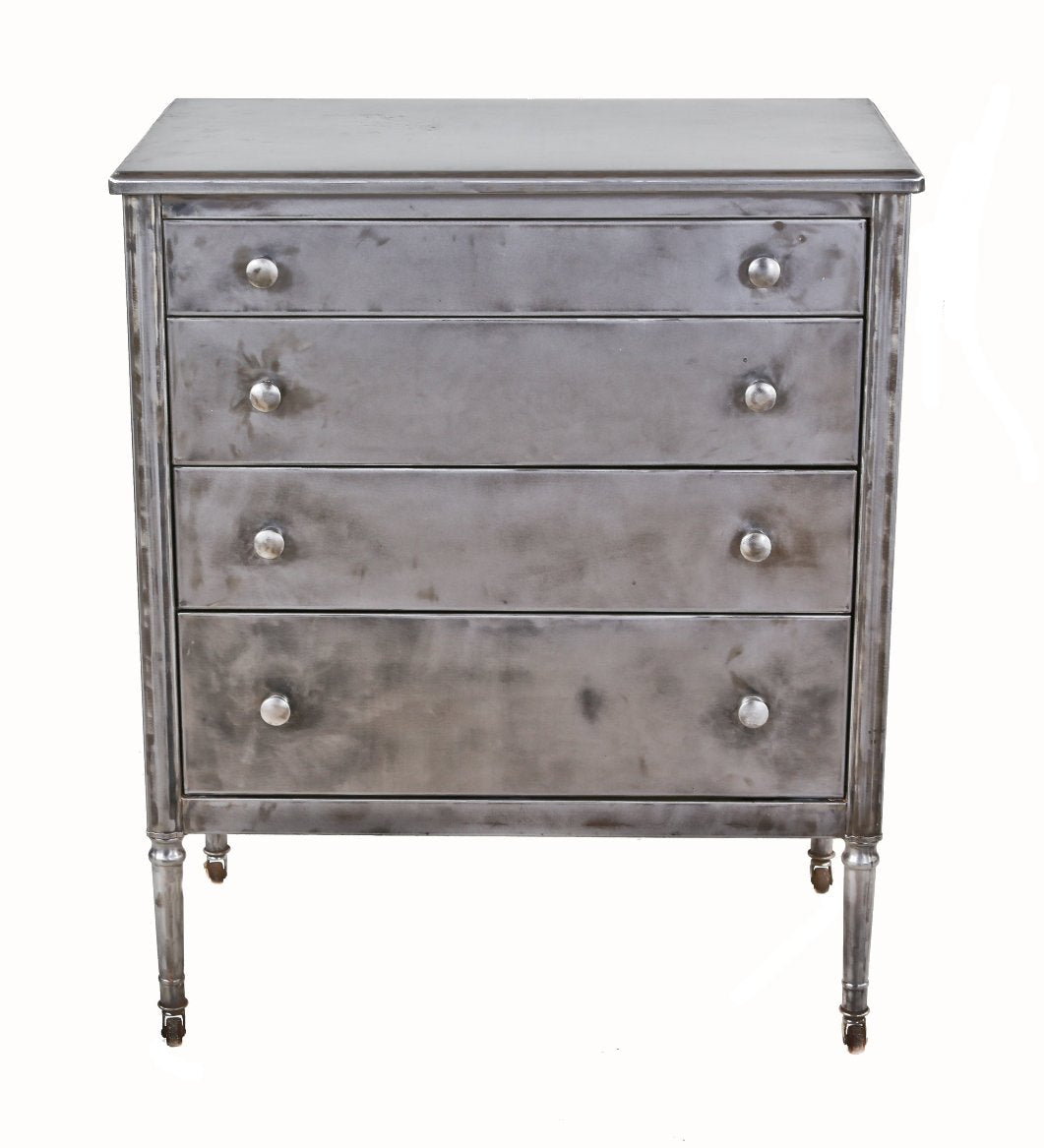 refinished late 1930's american depression-era cold-rolled pressed and folded steel compartmentalized mobile hospital "private room" dresser with original casters