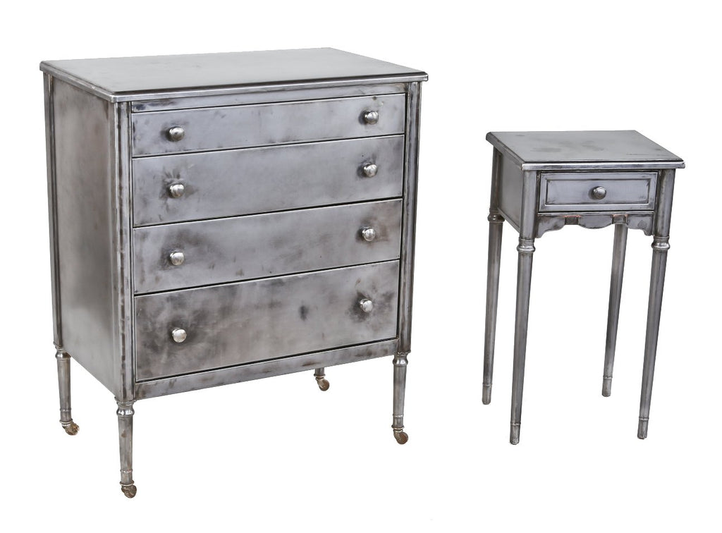 refinished late 1930's american depression-era cold-rolled pressed and folded steel compartmentalized mobile hospital "private room" dresser with original casters