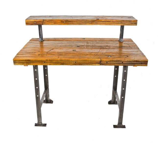 custom-built antique american industrial reinforced heavy gauge angled iron workbench or desk with newly added tabletop comprised of recycled railroad boxcar floorboards