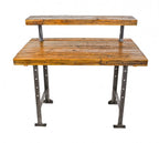 custom-built antique american industrial reinforced heavy gauge angled iron workbench or desk with newly added tabletop comprised of recycled railroad boxcar floorboards