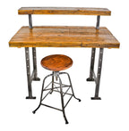 original highly desirable early 1920's adjustable height four-legged riveted-joint steel stationary factory machinist stool with original solid oak wood revolving seat