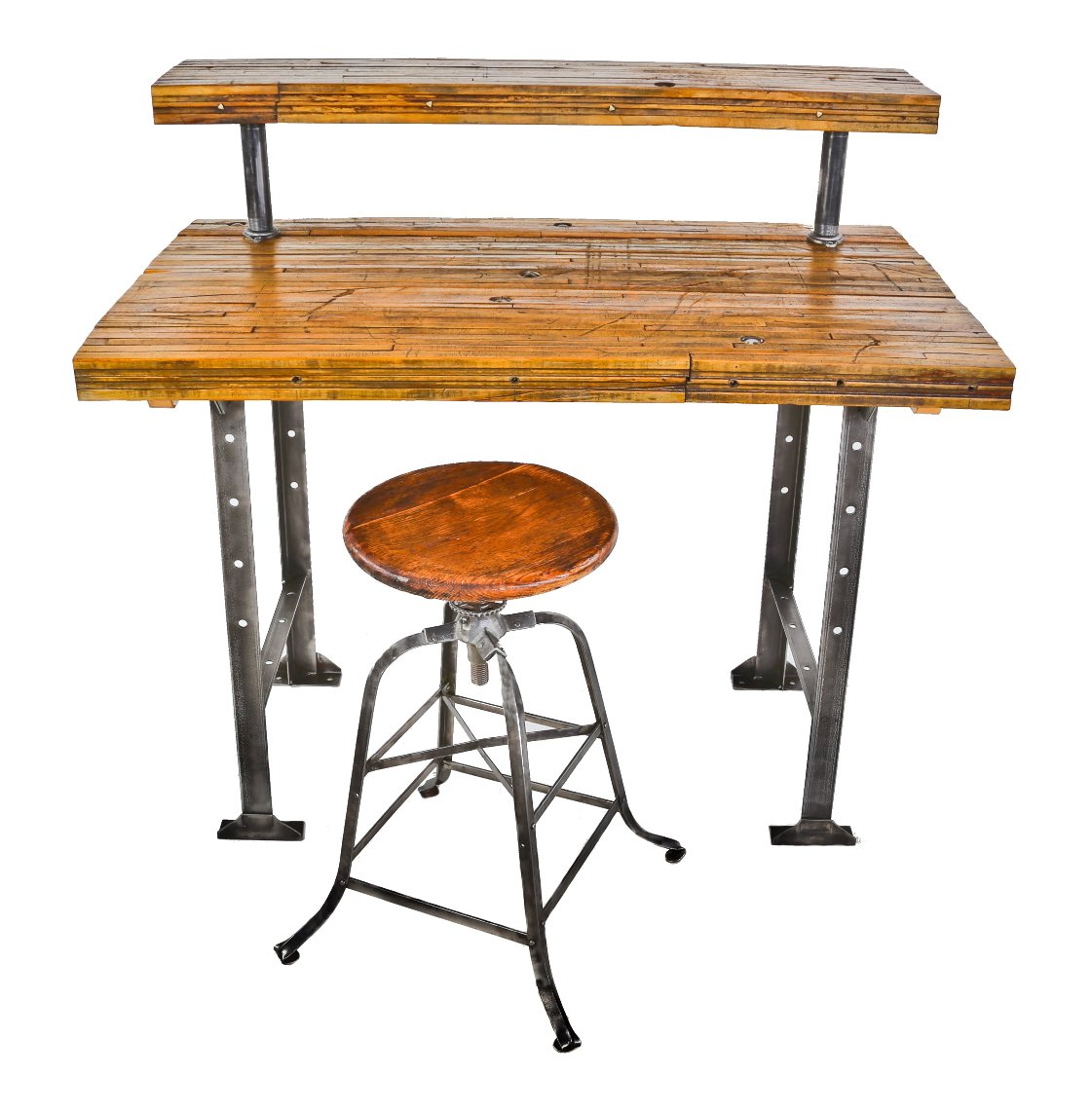 original highly desirable early 1920's adjustable height four-legged riveted-joint steel stationary factory machinist stool with original solid oak wood revolving seat