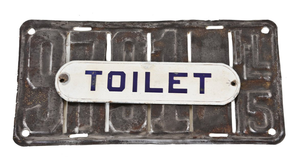 original c. 1920's antique american industrial single-sided porcelain enameled heavy gauge steel "toilet" factory lavatory door sign with cobalt blue lettering