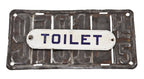 original c. 1920's antique american industrial single-sided porcelain enameled heavy gauge steel "toilet" factory lavatory door sign with cobalt blue lettering