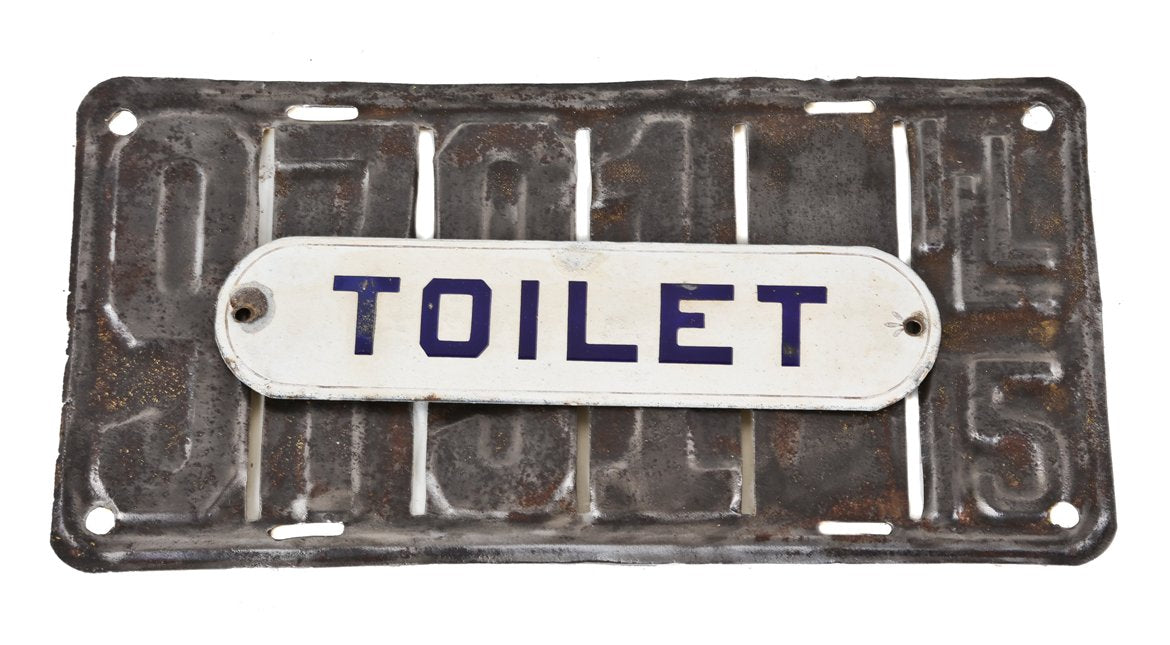 original c. 1920's antique american industrial single-sided porcelain enameled heavy gauge steel "toilet" factory lavatory door sign with cobalt blue lettering