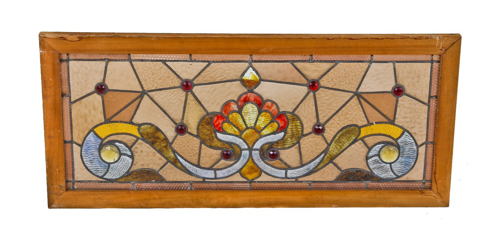 impressive early 20th century antique american late victorian era chicago residential leaded and stained glass transom window with multiple ruby red jewels
