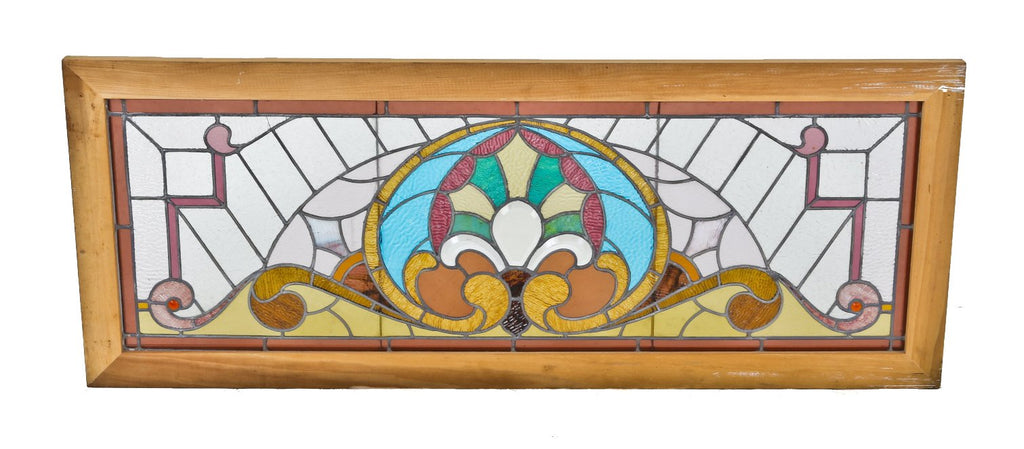 original late 19th/early 20th century antique american victorian era residential stained glass transom window with centrally located palmette flanked by scrollwork