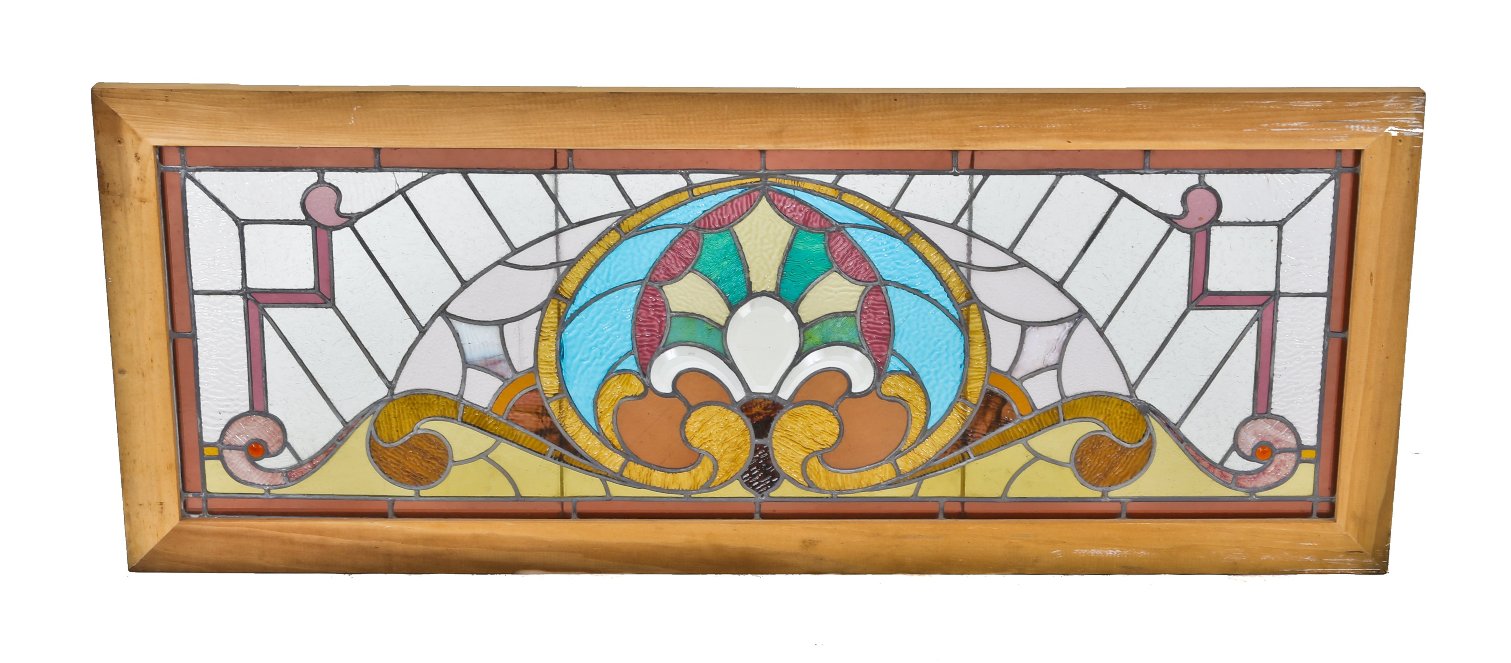 original late 19th/early 20th century antique american victorian era residential stained glass transom window with centrally located palmette flanked by scrollwork
