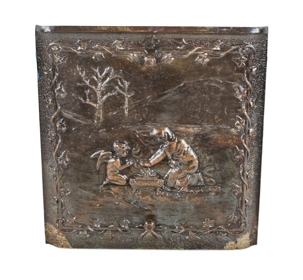 original c. 1880's antique american victorian era ornamental copper-plated cast iron figural interior residential fireplace summer cover