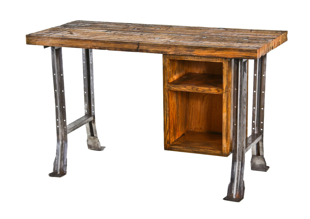 refurbished vintage industrial american freestanding oak wood and pressed and folded steel workbench or desk with a custom oak wood open-ended cabinet or module