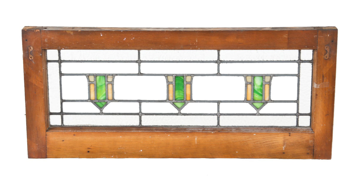 original early 20th century rectangular-shaped american prairie style interior residential leaded art glass "shield motif" chicago bungalow transom window