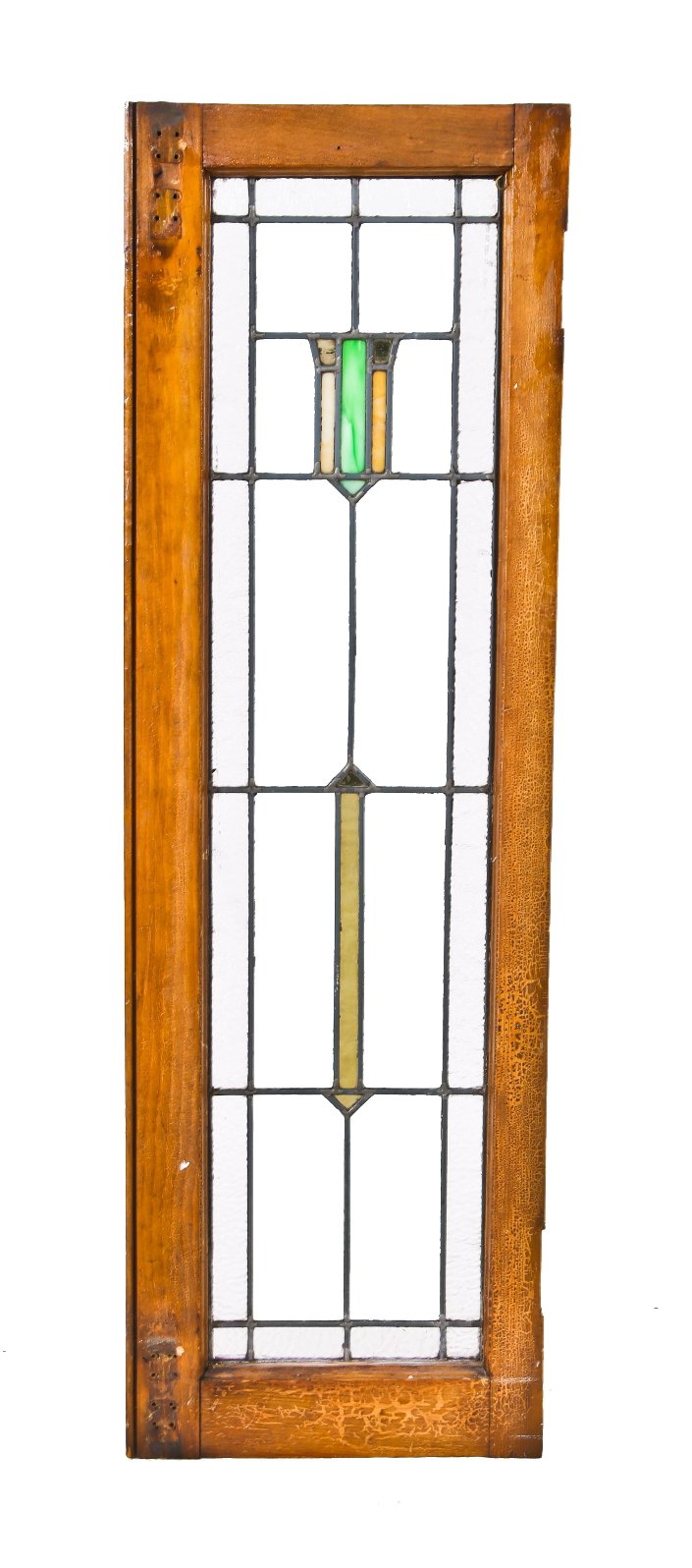 well-maintained early 1920's original american antique prairie style interior residential leaded art glass window with a single "shield" motif accentuated with gold leaf sandwich glass