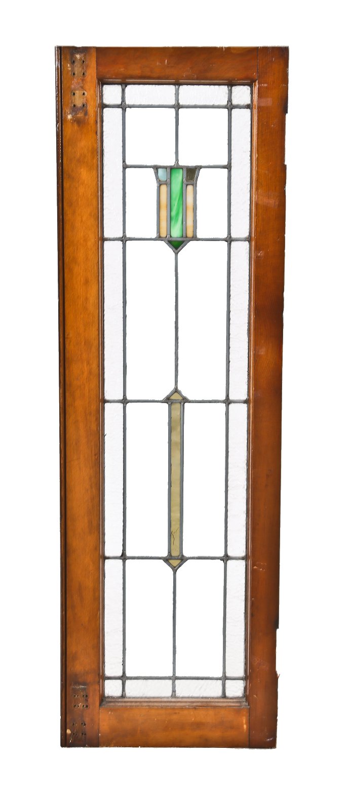 single c. 1920's chicago bungalow leaded art glass interior residential prairie style side light with original varnished wood sash frame
