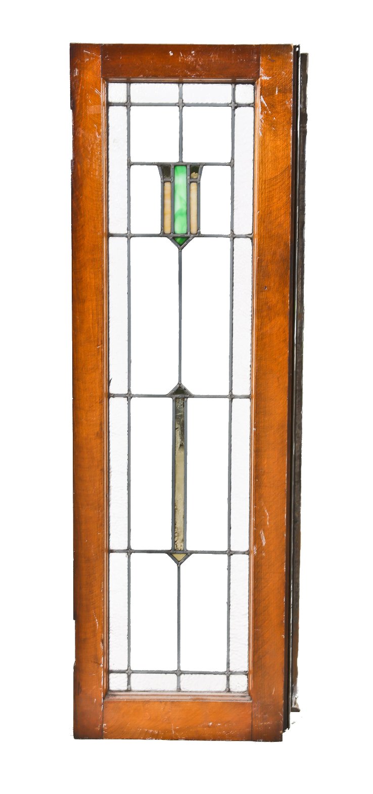 one of several matching c. 1920's original interior residential american prairie style leaded art glass chicago bungalow sidelights with intact varnished wood sash frame