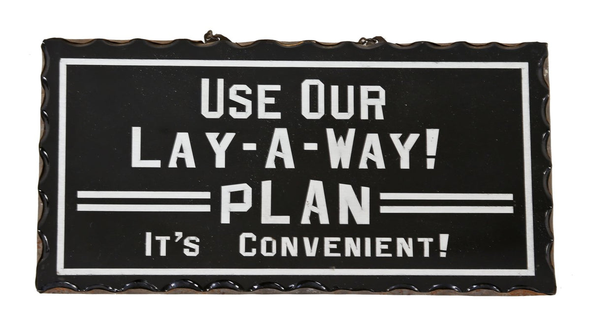 rare c. 1930's american depression-era customized furniture store "lay-a-way" scalloped edge plate glass hanging sign with bright white lettering