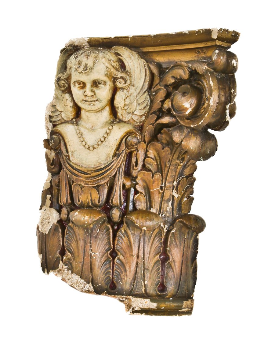 massive original c. 1920's museum-quality granada theater interior lobby polychromatic cast plaster column capital fragment with winged cherub