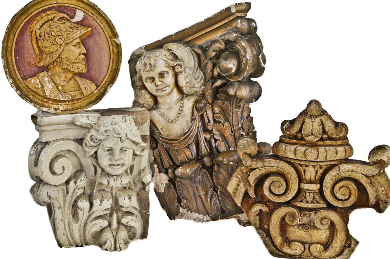 largely intact polychrome enameled cast plaster interior granada theater pilaster rondel or medallion featuring a spanish conquistador in relief