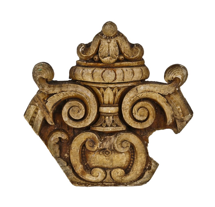 original c. 1926 original and intact interior polychromed heavy cast plaster granada theater lobby fragment with centrally located urn and scrollwork