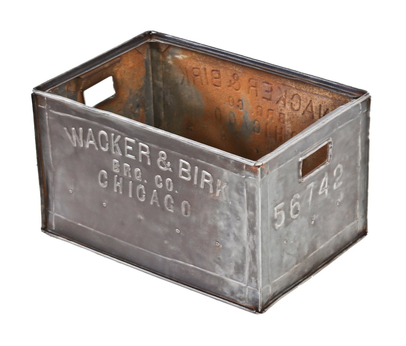 refinished early 20th century cold-rolled steel wacker and birk beer or soda bottle carrying case with opposed handles and lightly embossed lettering