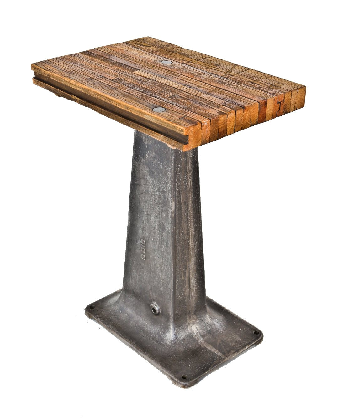 robust antique american industrial free standing factory machine shop milling machine pedestal base with railroad boxcar floor board tabletop