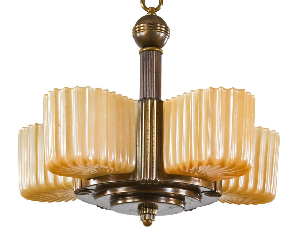 perfectly intact and all original late 1930's american depression-era art deco streamlined style five-light ceiling fixture with original "venetian bronze" plated finish
