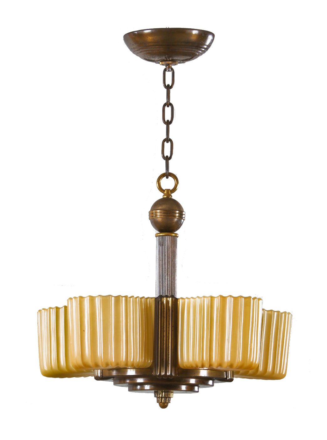perfectly intact and all original late 1930's american depression-era art deco streamlined style five-light ceiling fixture with original "venetian bronze" plated finish