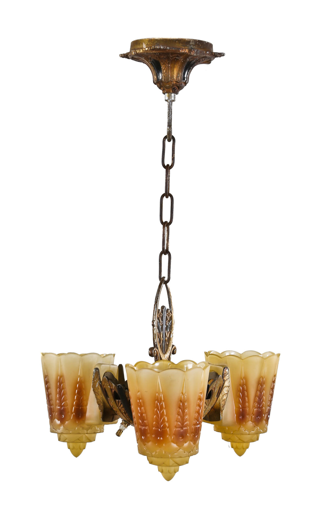 original c. 1930's american depression-era polychrome enameled cast aluminum interior residnetial three-light ceiling fixture with intact embossed glass slip shades