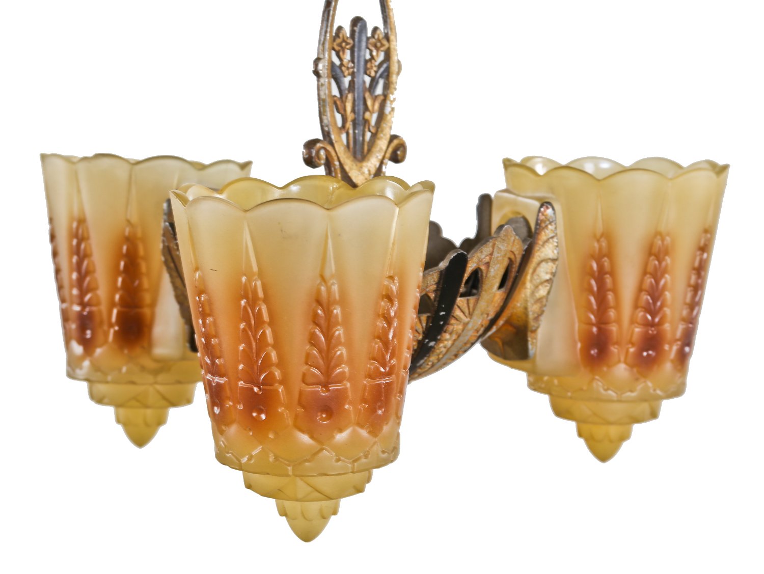 original c. 1930's american depression-era polychrome enameled cast aluminum interior residnetial three-light ceiling fixture with intact embossed glass slip shades