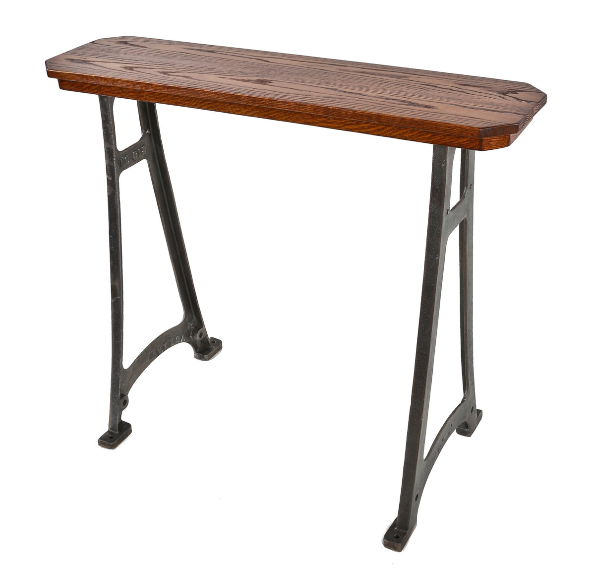 late 19th or early 20th century antique american industrial repurposed lathe machine stationary console or side table with new added oak wood top with recess apron