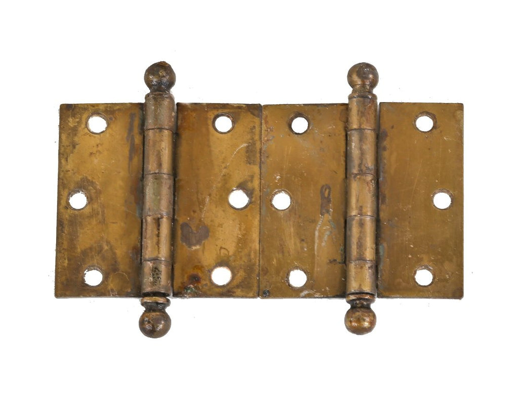 pair of original early 1920's american antique interior residential yellow-brass plated solid steel casement window hinges with diminutive ball finials
