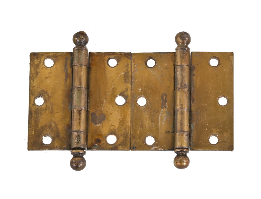 pair of original early 1920's american antique interior residential yellow-brass plated solid steel casement window hinges with diminutive ball finials