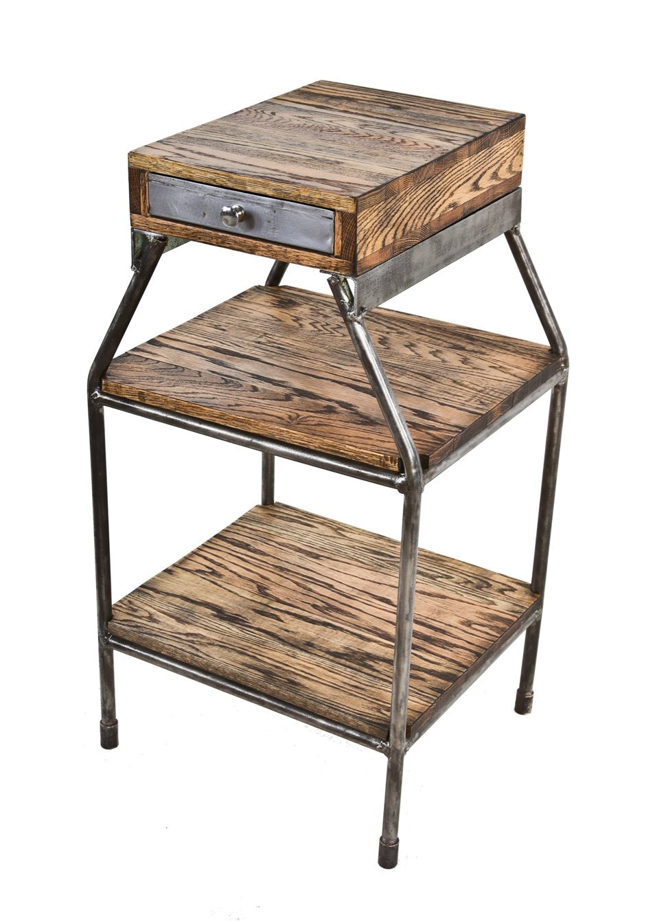 completely repurposed vintage american industrial bent tubular steel automobile assembly plant work stand with newly added top drawer and undershelves