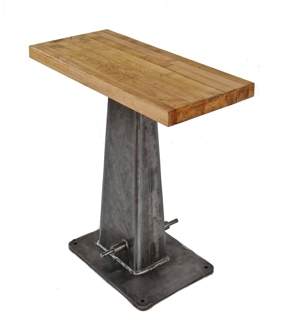 slightly offset c. 1920's american antique industrial refinished cast iron "ohio" factory milling machine base with a newly added old rock hard maple wood top