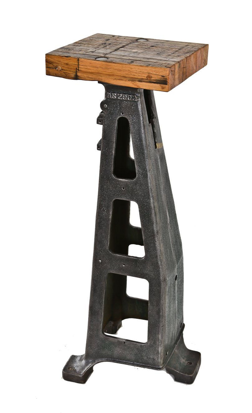repurposed c. 1940's american depression-era shoe sole fastening machine base display or plant stand with newly added solid oak wood tabletop