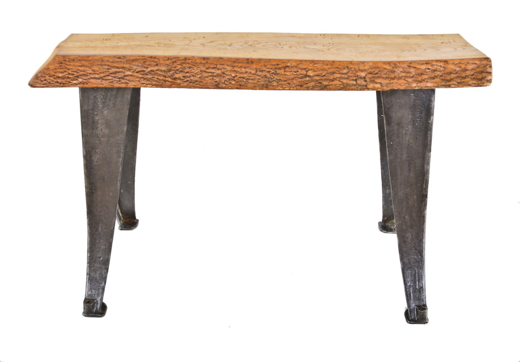 solidly-built american antique industrial freestanding console or side table using c. 1920's refinished factory high-speed cutting machine cast iron bases or legs