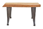 solidly-built american antique industrial freestanding console or side table using c. 1920's refinished factory high-speed cutting machine cast iron bases or legs