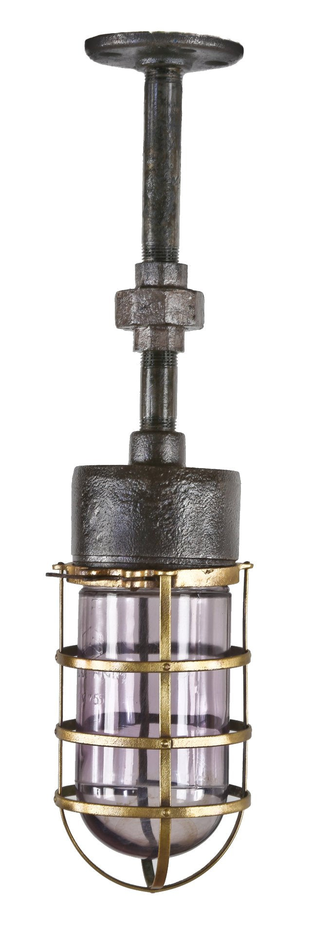 exceptional c. 1915-18 antique american industrial "vh-series" single crouse-hinds pendant explosion or vapor-proof light fixture with "sun-purple" glass globe or bulb guard