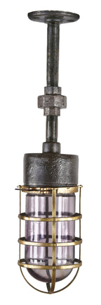 exceptional c. 1915-18 antique american industrial "vh-series" single crouse-hinds pendant explosion or vapor-proof light fixture with "sun-purple" glass globe or bulb guard