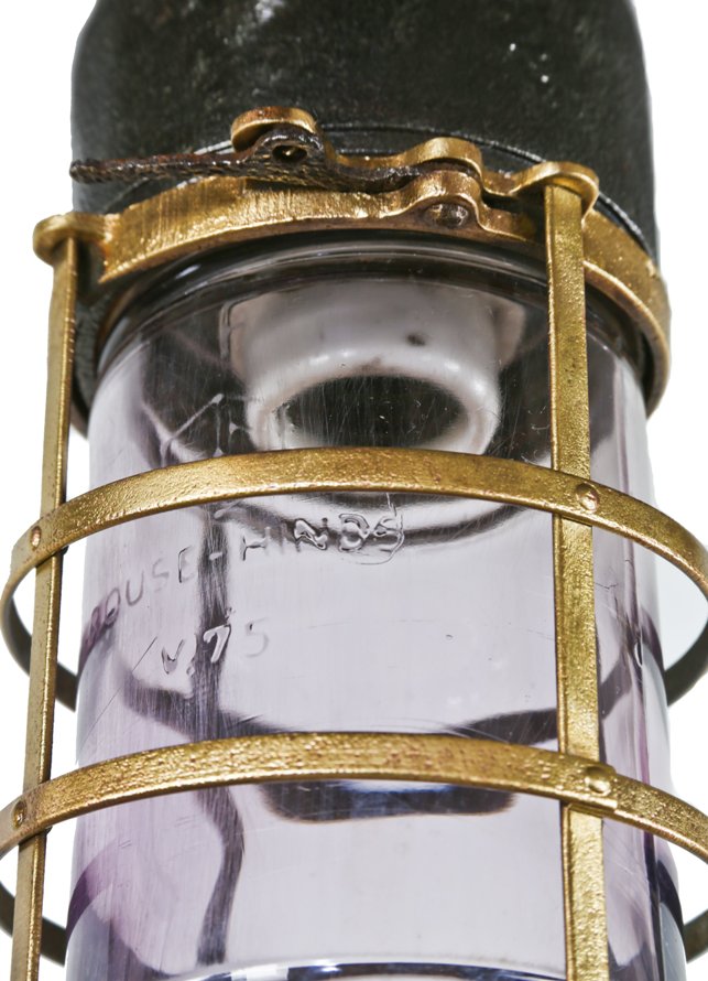 exceptional c. 1915-18 antique american industrial "vh-series" single crouse-hinds pendant explosion or vapor-proof light fixture with "sun-purple" glass globe or bulb guard