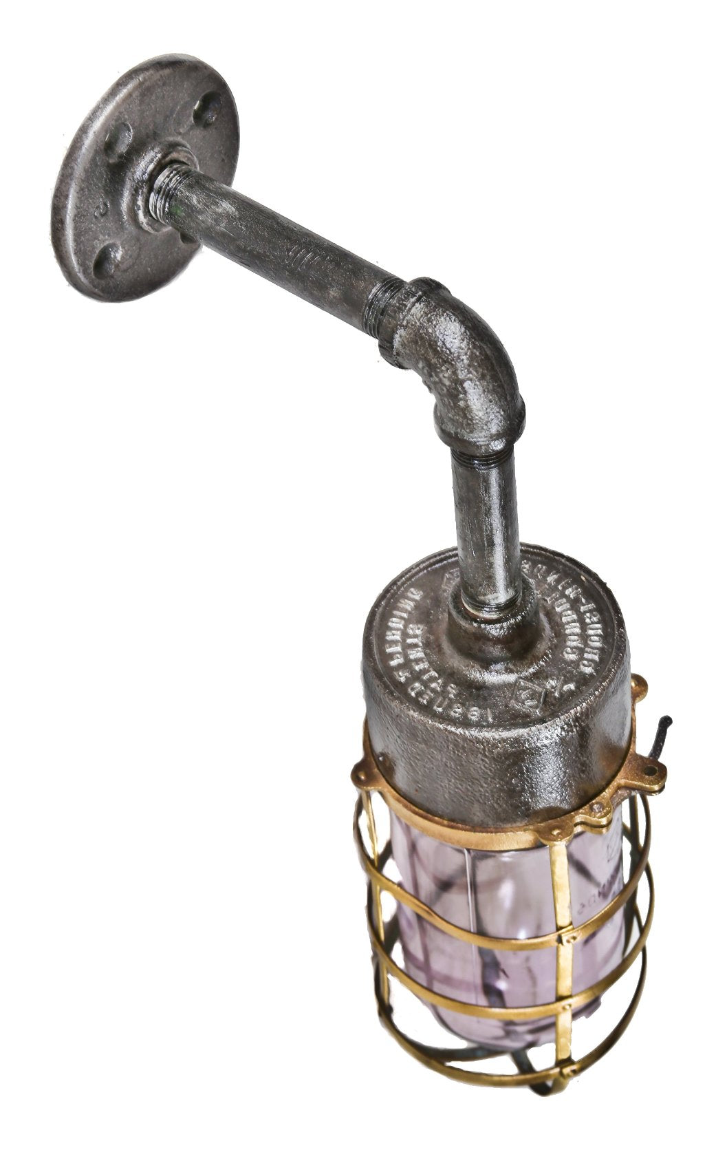 completely refinished original early 20th century american antique industrial wall-mount "explosion proof" wall sconce with riveted yellow brass cage