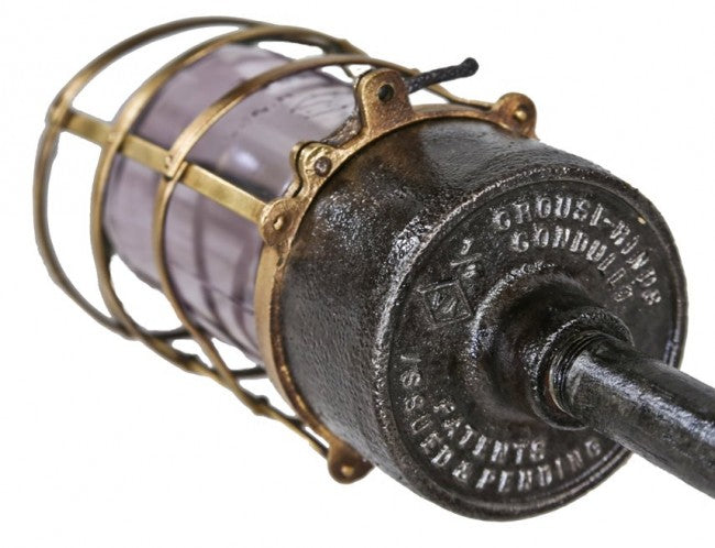 completely refinished original early 20th century american antique industrial wall-mount "explosion proof" wall sconce with riveted yellow brass cage