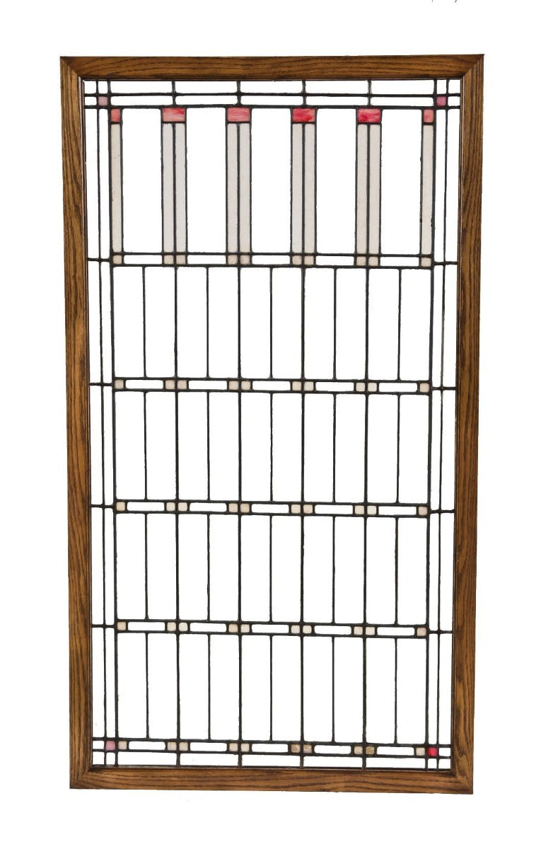 early 20th century historically-important frank lloyd-wright designed oversized william e. fricke house leaded art glass window with custom-built oak wood frame