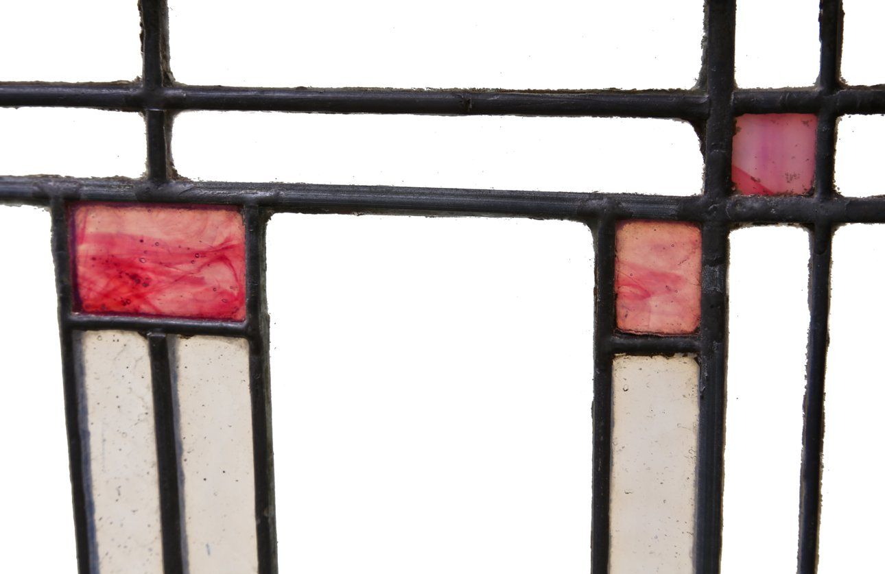 early 20th century historically-important frank lloyd-wright designed oversized william e. fricke house leaded art glass window with custom-built oak wood frame