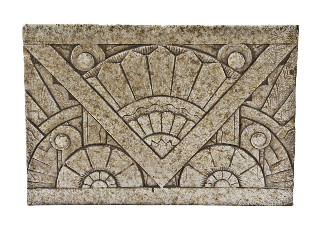 original american depression-era single-sided speckle-glazed nortown theater terra cotta art deco chevron motif frieze panel with rear cavities removed