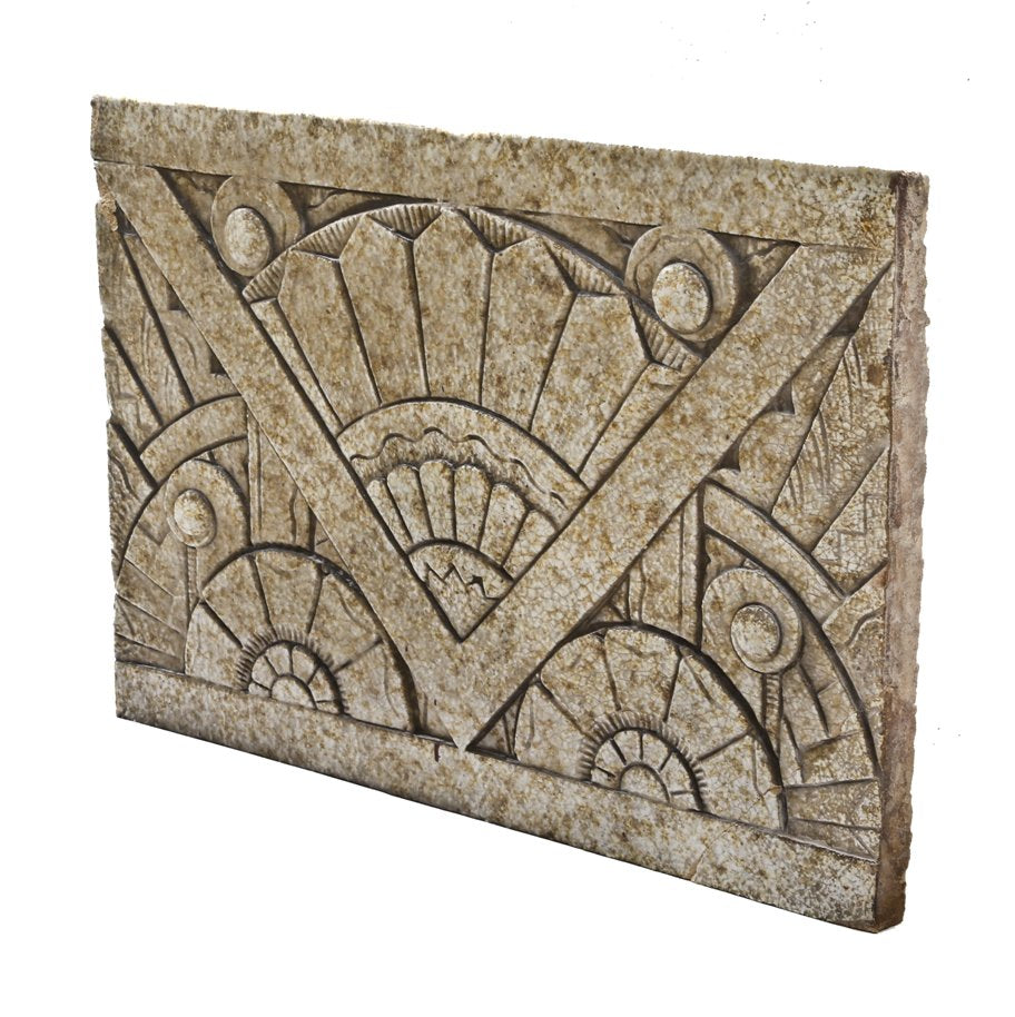 original american depression-era single-sided speckle-glazed nortown theater terra cotta art deco chevron motif frieze panel with rear cavities removed