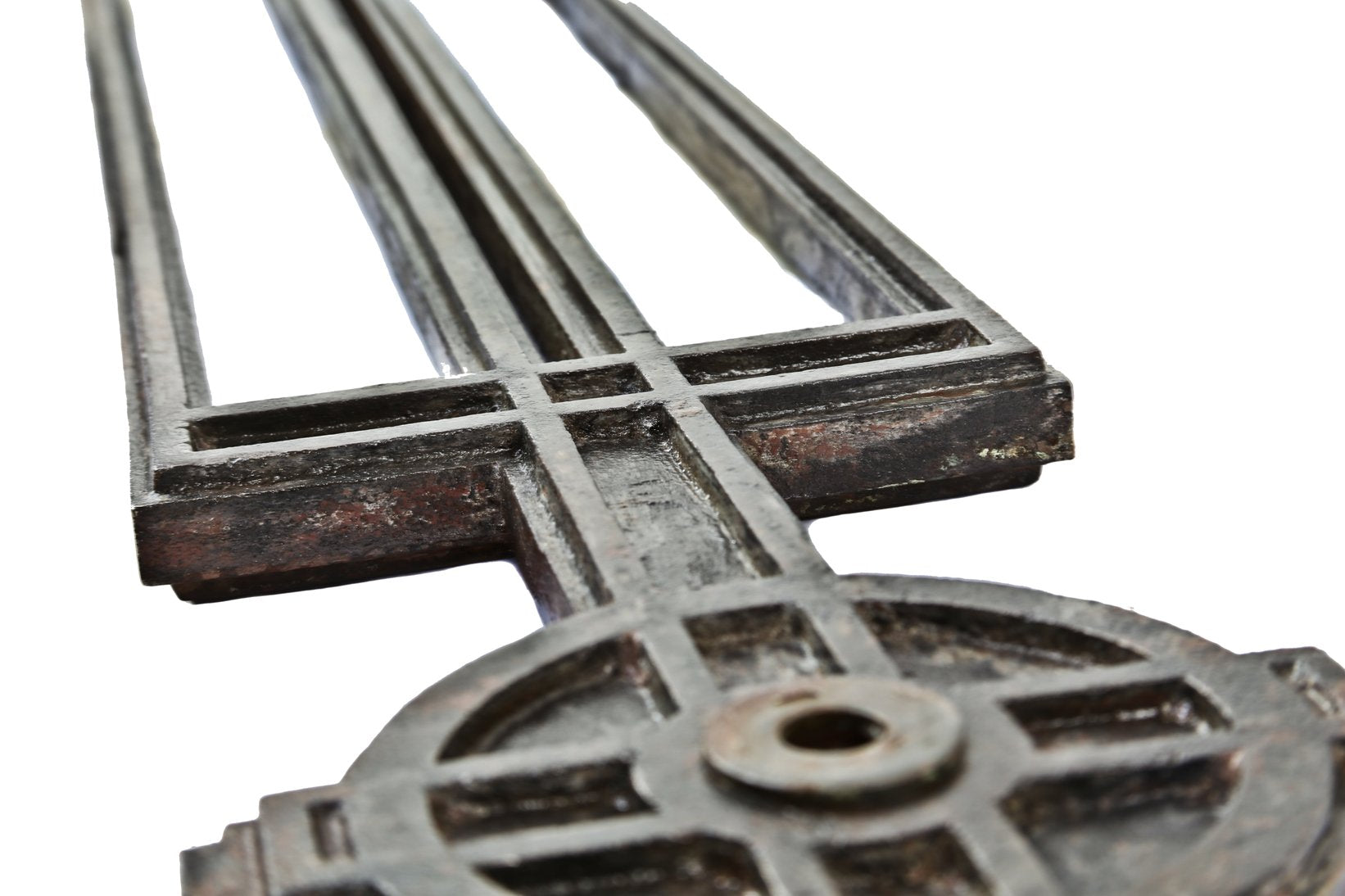 c. early 20th century ornamental cast iron prairie school style michael reese hospital interior angled staircase baluster with brushed metal finish