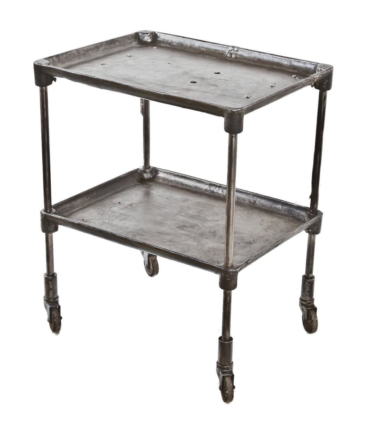 refinished c. 1910-20 fully functional antique american industrial portable factory machine shop two-tier mobile cast iron cart with bassick swivel casters