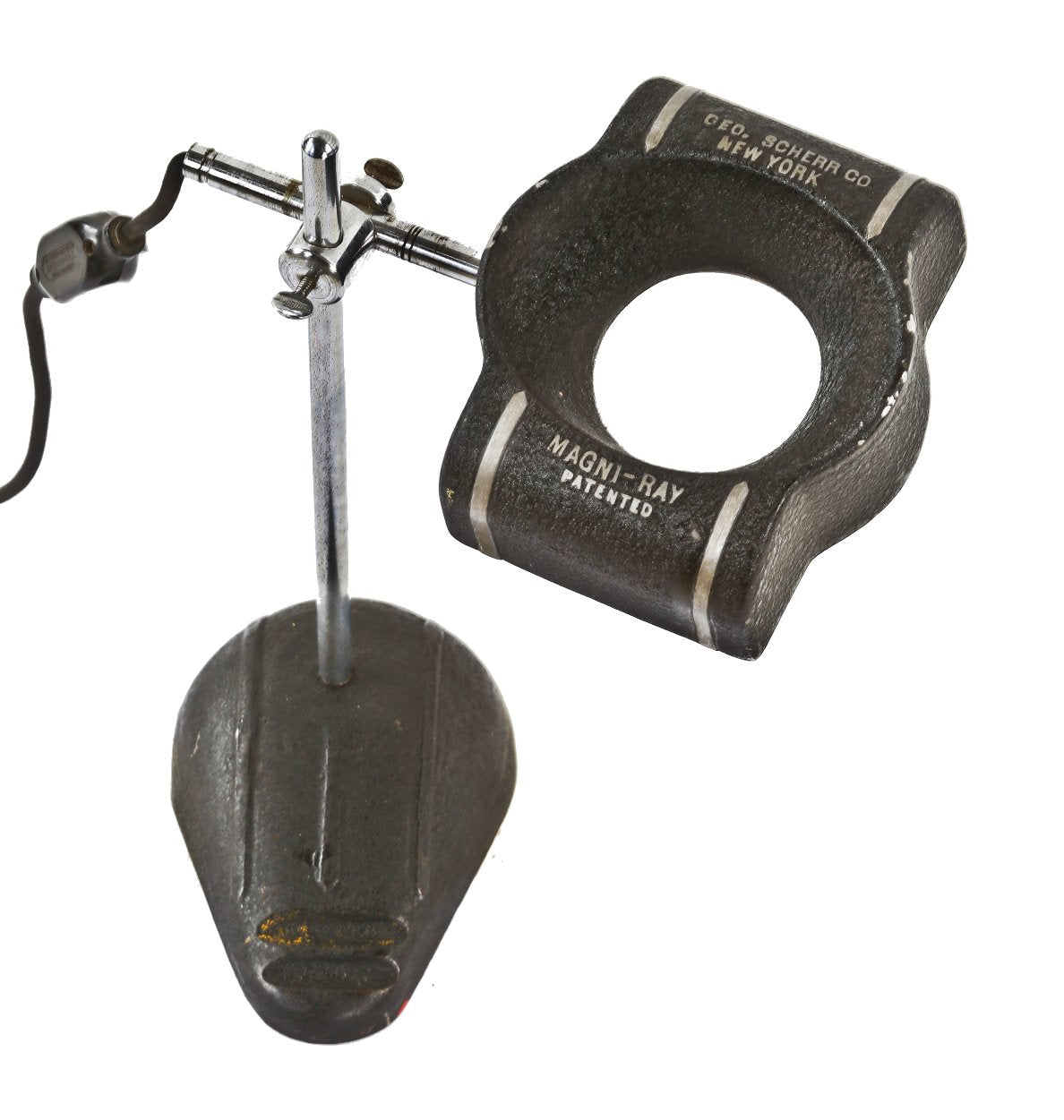 all original and completely intact c. 1940's american industrial streamlined style "magni-ray" weighted workbench illuminated magnifier with in-line switch